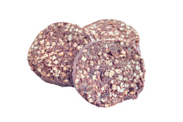 Traditional Irish and British black pudding sausage, isolated on a white