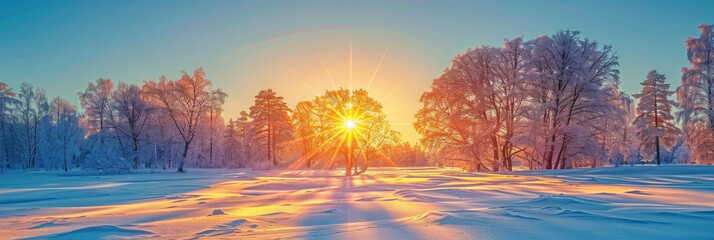 A beautiful winter landscape with snowcovered trees and fields at sunrise or sunset. winter forest with sunlight background, banner