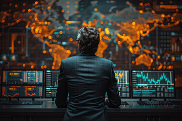 Business man trading currency and looking chart monitor abstract background. Generative ai.