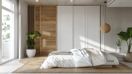 White wooden scandinavian style interior design of modern bedroom
