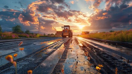 Asphalt Road Construction: Paving Equipment at Work under the Sunset's Glow - obrazy, fototapety, plakaty