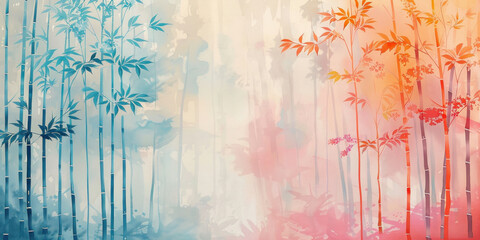 Vibrant Watercolor Painting of Bamboo Trees in Red, Orange and Blue Colors on White Background