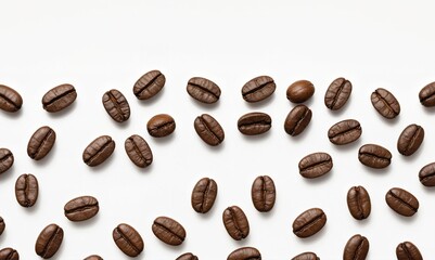 The image shows a group of coffee beans scattered on a gray background.