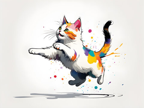 Illustration of colorful cats playing against a white background