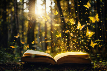 An open magic book in a forest with butterflies flying out of it. - 758111721