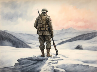 A solitary soldier standing amidst the snow-covered landscape, contemplating the temporary peace - obrazy, fototapety, plakaty