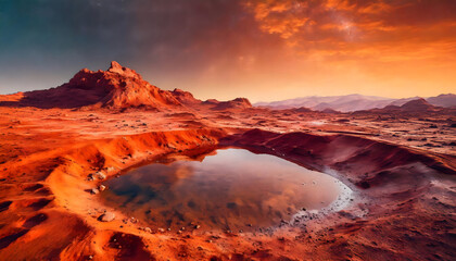 Small pond on Mars surface, life on Mars Planet - obrazy, fototapety, plakaty