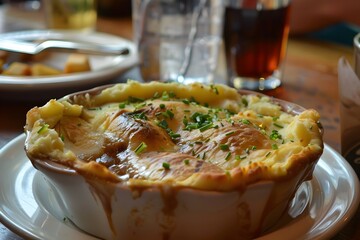 Golden Brown French Onion Pie Tempting Appetite in Montreals Downtown Bistro - obrazy, fototapety, plakaty