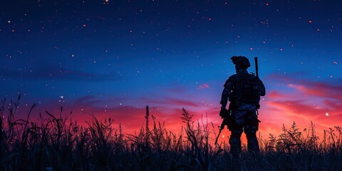Silhouette of military sniper with sniper gun at dark toned foggy background. shot, holding gun, colorful sky, background. - obrazy, fototapety, plakaty