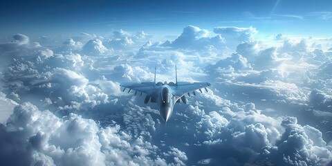 Military jet fighter plane flying above cloudy sky