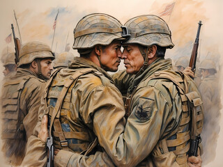 Soldiers embracing each other in camaraderie, grateful for the momentary respite from conflict - obrazy, fototapety, plakaty