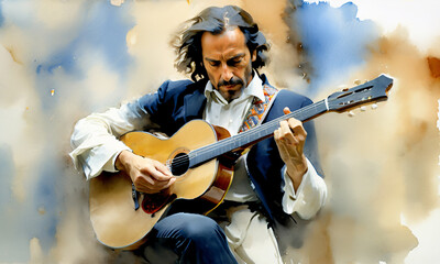 Passionate Flamenco Guitarist Immersed in Music Against Abstract Backdrop - obrazy, fototapety, plakaty