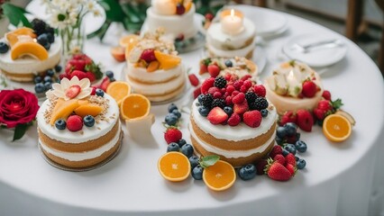 cake with fruits A collection of cakes with different flavors, shapes, and decorations on a white tablecloth.  