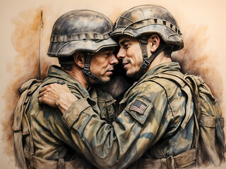 Soldiers embracing each other in camaraderie, grateful for the momentary respite from conflict - obrazy, fototapety, plakaty