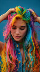 Naklejka premium portrait of a woman with colorful hair, ai 