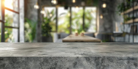 Fototapeta na wymiar A gray concrete table on blur bokeh modern kitchen interior background in clean and bright,Banner, Ready for product montage