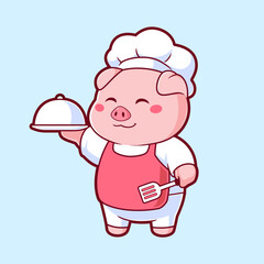 Cute pigs cooking, Piglet chef flat design cartoon vector illustration
