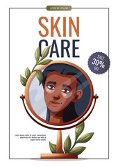 Flyer design with dark skin woman in the mirror reflection. Beauty, skin care, cosmetic, self care, spa concept. Vector illustration for banner, promo, poster.