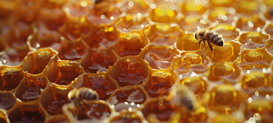 A close-up of a beehive reveals the intricate hexagonal pattern of the honeycomb, each cell brimming with golden nectar collected by industrious worker bees - obrazy, fototapety, plakaty