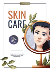 Flyer design with woman in the mirror reflection. Beauty, skin care, cosmetic, self care, spa concept. Vector illustration for banner, promo, poster.