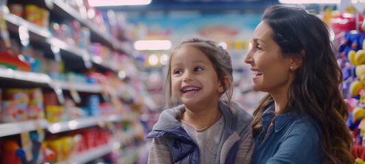 A mother and her young daughter stroll through a department store, their bond evident in their shared laughter and affectionate gestures - obrazy, fototapety, plakaty