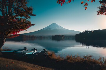 Dawn breaks over Mount Fuji, its silhouette majestic against a blue sky, with autumn leaves, serene lake, and moored boats enhancing the tranquil scene. - obrazy, fototapety, plakaty