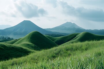 Lush green hills gracefully unfold before a majestic volcano standing tall under the serene sky. - Powered by Adobe