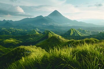 Green Hills Landscape: A Serene View with a Majestic Volcano Looming in the Distance - Powered by Adobe