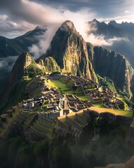 Majestic Machu Picchu: A National Geographic-style glimpse into Inca engineering with cloud-kissed peaks and ancient terraces. - obrazy, fototapety, plakaty