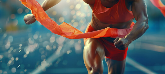 A sprinter crossing the finish line with outstretched arms, the ribbon of victory breaking against...