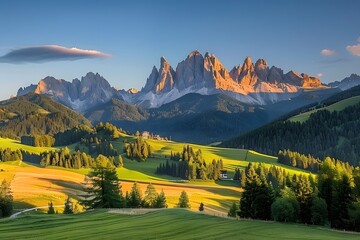 Sunset over the Dolomites: A Serene High-Resolution Landscape Captured by a Professional Photographer, Featuring Golden Mountains, Clear Skies, and a Tranquil Field.