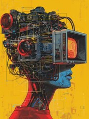A man's head is covered in wires and a television is on his face. The image is a representation of the idea of technology and its impact on humanity. Scene is somewhat ominous and unsettling