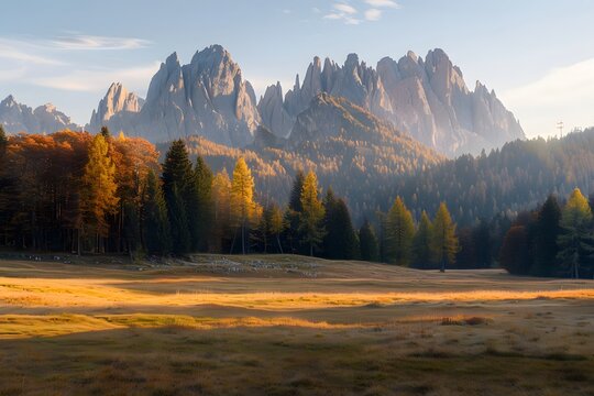 Sunset over the Dolomites, Italy: A serene, high-definition landscape capturing golden light on mountains, forests, and subtle architecture.