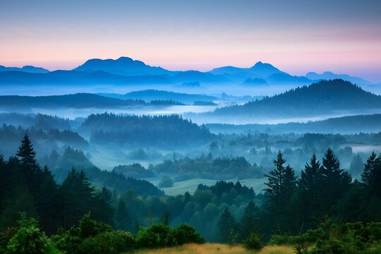 Sunrise over Oregon's Mountains: A Breathtaking View of Forested Valleys under a Clear Blue Sky.