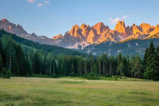 Sunset Over the Dolomites: A Serene High-Resolution Landscape Captured by a Professional in Italy, Featuring Golden Mountains, Forests, and Distant Architecture.