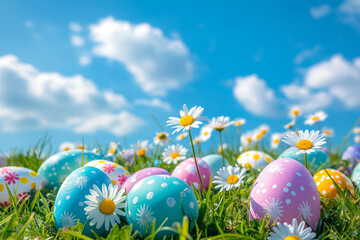 Colorful Easter eggs on a field with green grass. flowers and blue sky with clouds. Generative Ai - 758114320