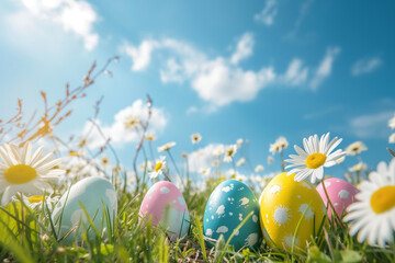 Colorful Easter eggs on a field with green grass. flowers and blue sky with clouds. Generative Ai - 758114326