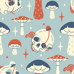 Playful and trippy seamless pattern with mushrooms and skull. Retro floral backdrop. Tricky background with fungi, toadstools and amanita. Muted color, limited palette