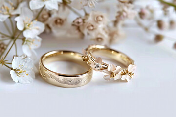 Obraz na płótnie Canvas wedding rings, wedding table setting wedding decoration rings, bride and groom with white dress