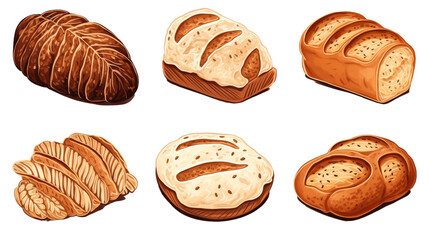 Set Icon of Hand Drawn Bread isolated on transparent background, (PNG)