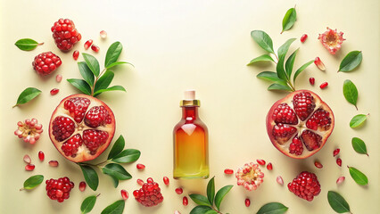 Pomegranate and Pomegranate Oil on Pastel Background with Copy Space
