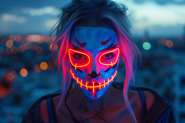 Woman at twilight wearing a face mask with neon lights. Unique and individual