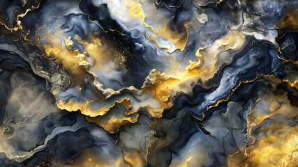 3D abstract wallpaper. Gold and black three-dimensional background.
- 758115116