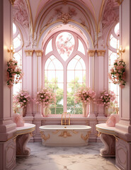 Fototapeta premium Dreamy Pink Bathroom Interior decor, Bathtub, pink roses, ribbons, florals, high rise windows, apartment, crystal chandeliers, gold decoration details, luxurious, surreal