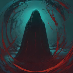 a spectral figure cloaked in dark cyan and bronze, surrounded by swirling vortexes of red energy