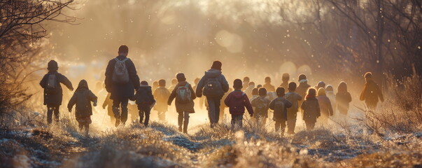Adults lead large children group across countryside at sunrise light. Immigrants arrive to safe land escaping from war actions. Refugees protection.