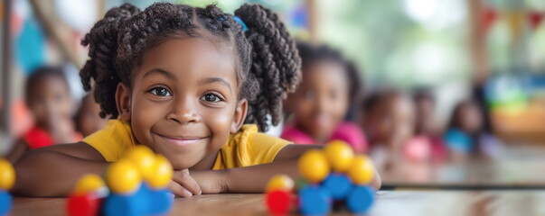 Fototapeta na wymiar Smiling little African American girl in preschool group portrait. Cute black immigrant child sitting at table. Black kinky haired kid.