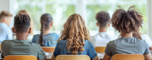Diverse teenage student group sits in school classroom. Immigrant children integration in social life. Education opportunities for multiracial pupils.