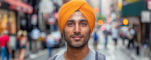 Happy Indian man in orange turban on street portrait closeup. Young immigrant arrives to western country to study and work. Relocation opportunities. - obrazy, fototapety, plakaty
