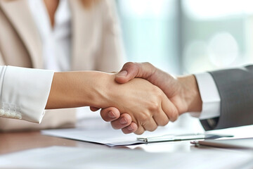 Obraz premium moment of agreement and mutual respect in business, with a contract laid out prominently, while a businesswoman and man seal the deal with a handshake in the background, gentle whi